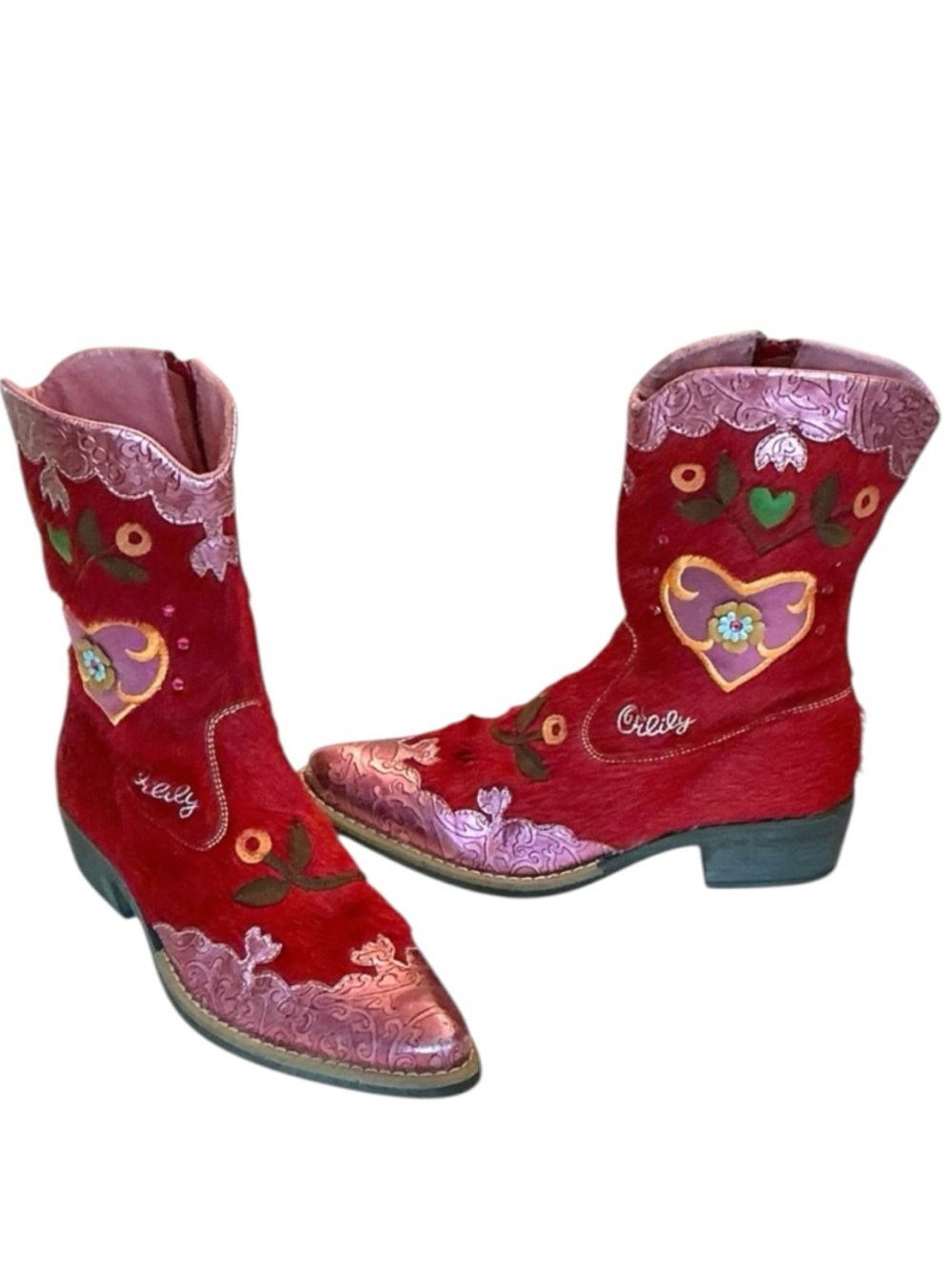 Oilily Y2K Western Red Calf Hair Leather Appliqué Cowgirl Boot Size EU 36(5.5-6)